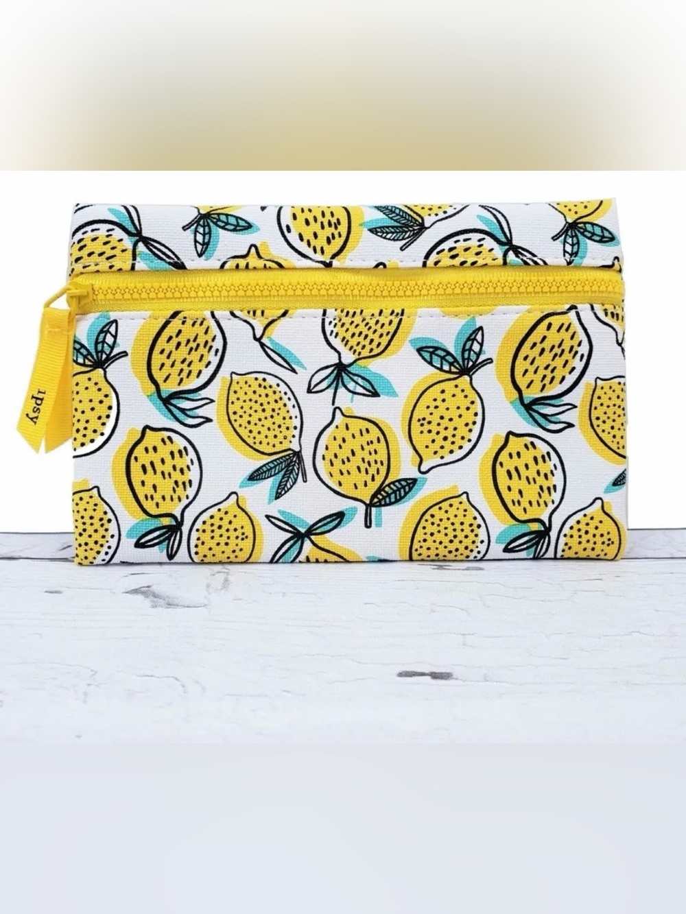 Ipsy Lemon Print Makeup Bag Yellow Teal Cosmetic Pouch